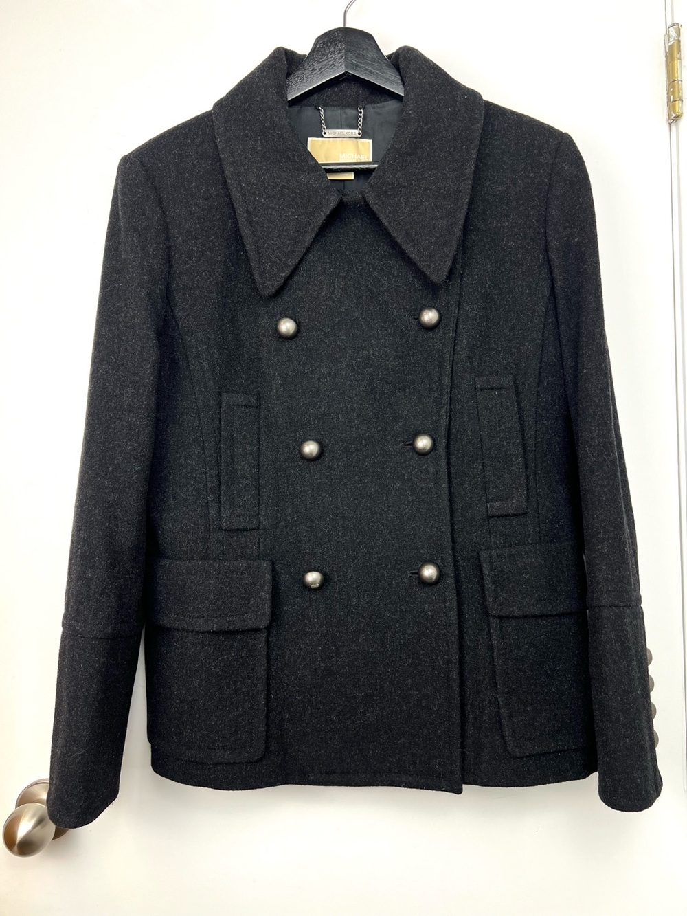 MICHAEL Michael Kors Soft Wool Military Button Short Peacoat Size 12 Dark Gray